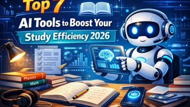 Graphic listing the top 7 AI tools for enhancing study efficiency in 2026, featuring icons and brief descriptions.