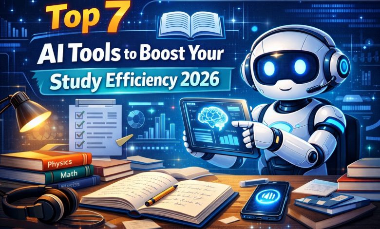 Graphic listing the top 7 AI tools for enhancing study efficiency in 2026, featuring icons and brief descriptions.
